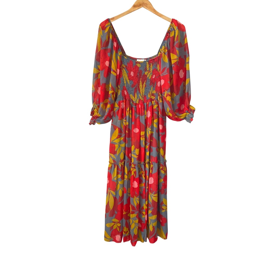 Karlie Sz Sm Floral Boho Smocked Tiered Midi Dress Colorful Puff Sleeve Prairie